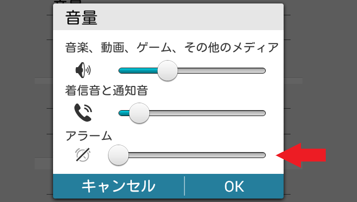 androidの各音量のアラーム